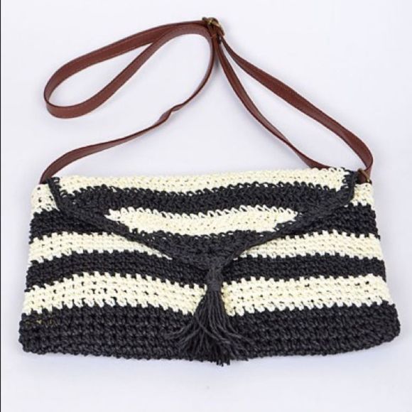 Striped Black/White Boho Straw Crossbody Bag - Picture 2 of 9
